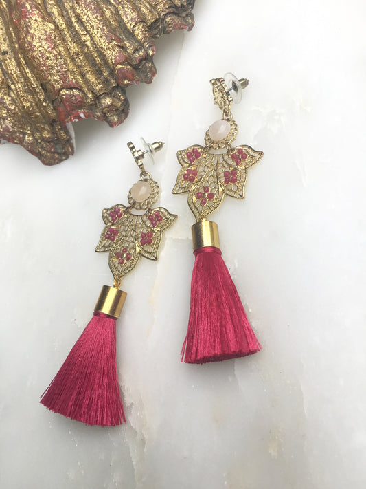 Kuan Yin Goddess Rose Quartz & Ruby Tassle Earring